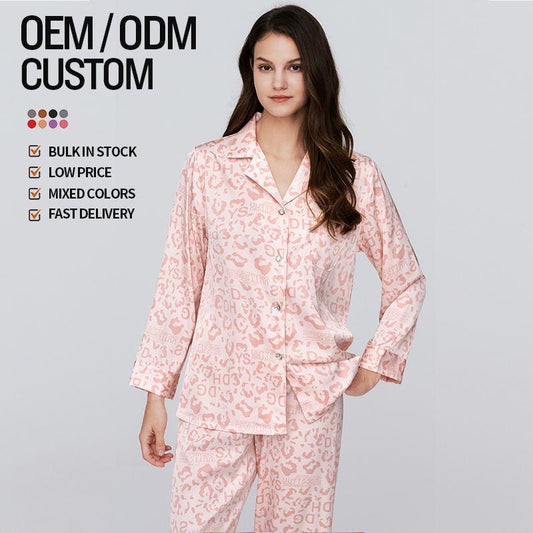 Custom Printed Ladies Satin Pajamas Luxury Printed Two Piece Ladies Silk Pajamas Printed Pajamas