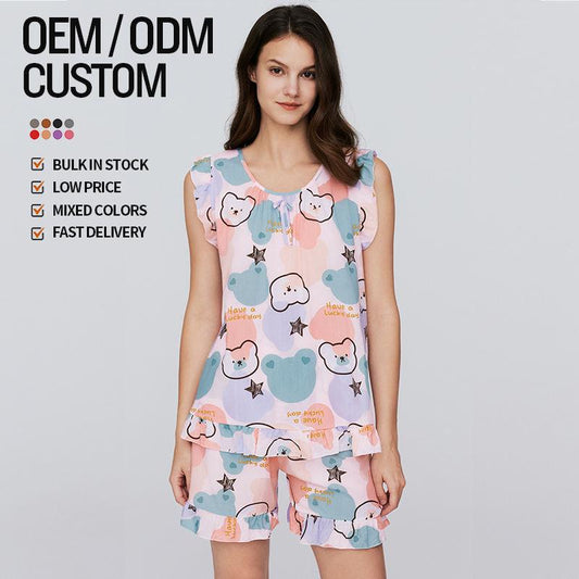 Wholesale Best Selling Cheap Summer Women's Printed Pajama Set Top Shorts Homewear