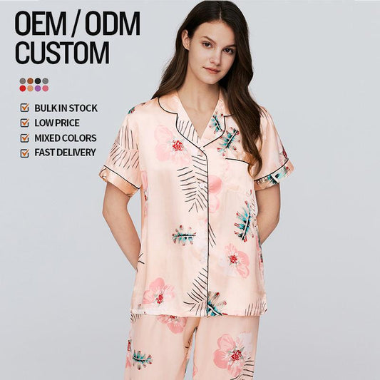 Latest Design High Quality Pajamas Women Silk Printed Pajama Pants 2 Piece Set Dyed Silk Pajamas Women