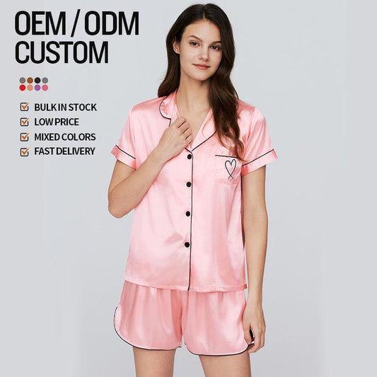 Unique Design Hot Sale Women's Satin Pyjamas Short Sleeve Shorts Button Down Shirt Silky Pyjamas Matching Set