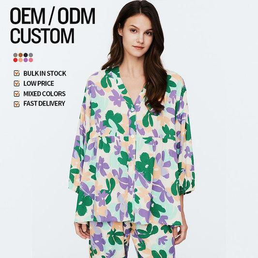 New Top With Pants Custom Printed Pajamas Comfortable Long Sleeve Long Pants Women's Pajamas