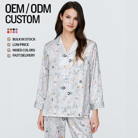 New Rayon Satin Cloud Print White Pyjamas Viscose Comfortable Women's Summer Long-Sleeved Trousers Set Homewear