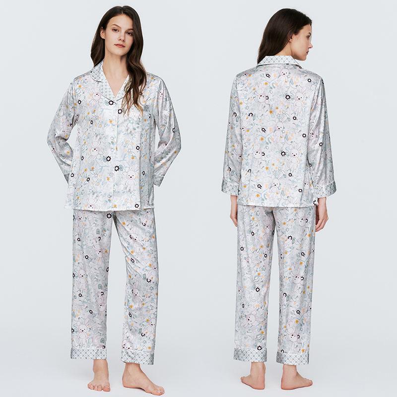 New Rayon Satin Cloud Print White Pyjamas Viscose Comfortable Women's Summer Long-Sleeved Trousers Set Homewear