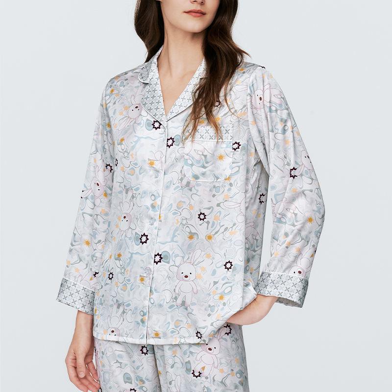 New Rayon Satin Cloud Print White Pyjamas Viscose Comfortable Women's Summer Long-Sleeved Trousers Set Homewear