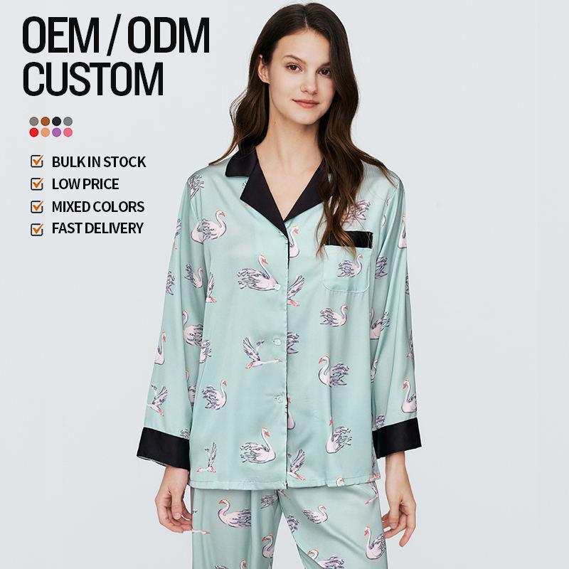 Custom High Quality Fashion Tie-Dye Ice Silk Pyjamas Summer Lapel Long-Sleeved Ladies Can Be Worn Outside The Home Wear