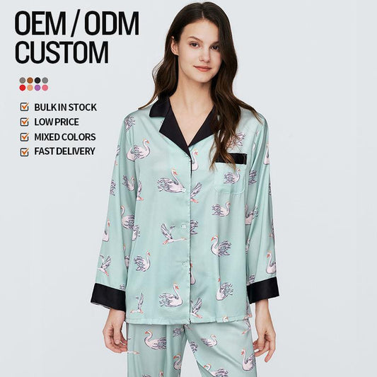 Custom High Quality Fashion Tie-Dye Ice Silk Pyjamas Summer Lapel Long-Sleeved Ladies Can Be Worn Outside The Home Wear