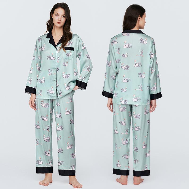 Custom High Quality Fashion Tie-Dye Ice Silk Pyjamas Summer Lapel Long-Sleeved Ladies Can Be Worn Outside The Home Wear