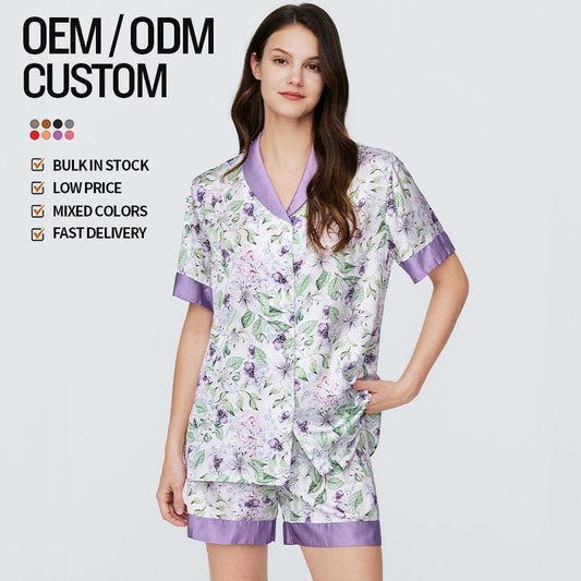 Sweet Pajamas Set Flowers Summer Ice Silk Short-Sleeved Shorts Wearable Two-Piece Ladies Homewear