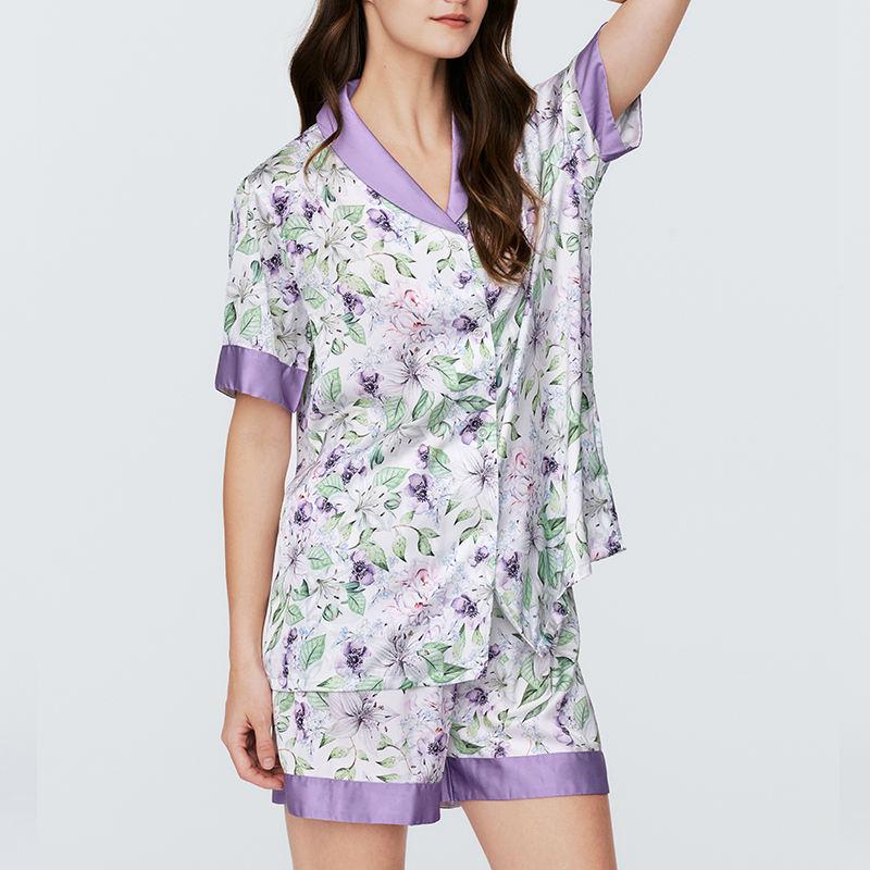 Sweet Pajamas Set Flowers Summer Ice Silk Short-Sleeved Shorts Wearable Two-Piece Ladies Homewear