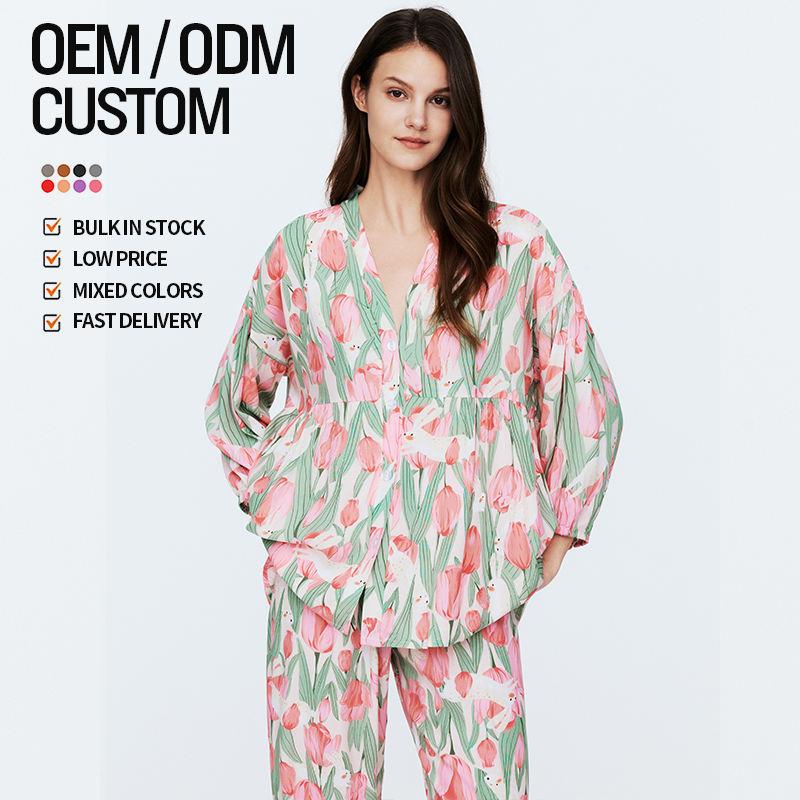 Customised Pyjama Set Ladies Lounge Wear Silk Pyjamas Ladies Long Sleeve Pyjamas