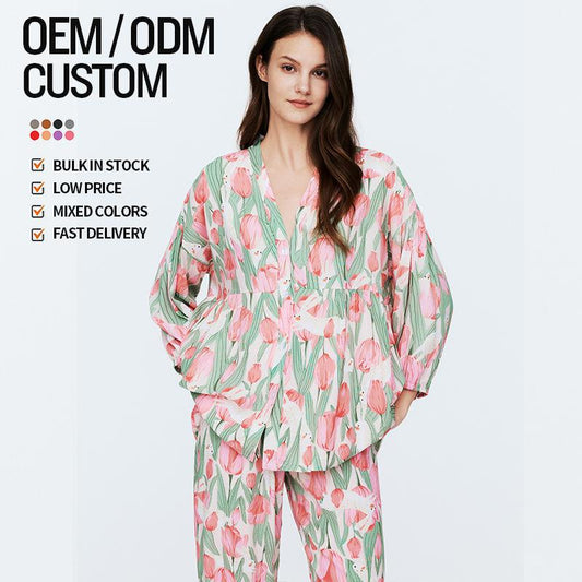 Customised Pyjama Set Ladies Lounge Wear Silk Pyjamas Ladies Long Sleeve Pyjamas