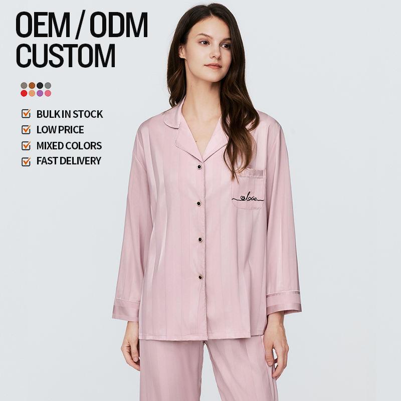 Luxury Low Minimum Order Customised Long Sleeve Striped Set Comfortable Silk Satin Pyjamas Women's Set