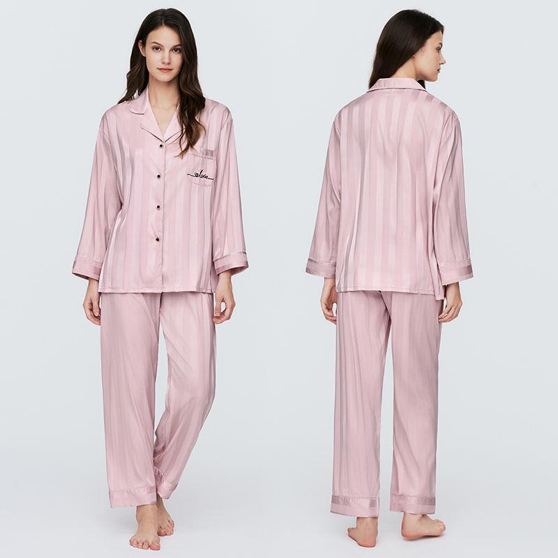 Luxury Low Minimum Order Customised Long Sleeve Striped Set Comfortable Silk Satin Pyjamas Women's Set