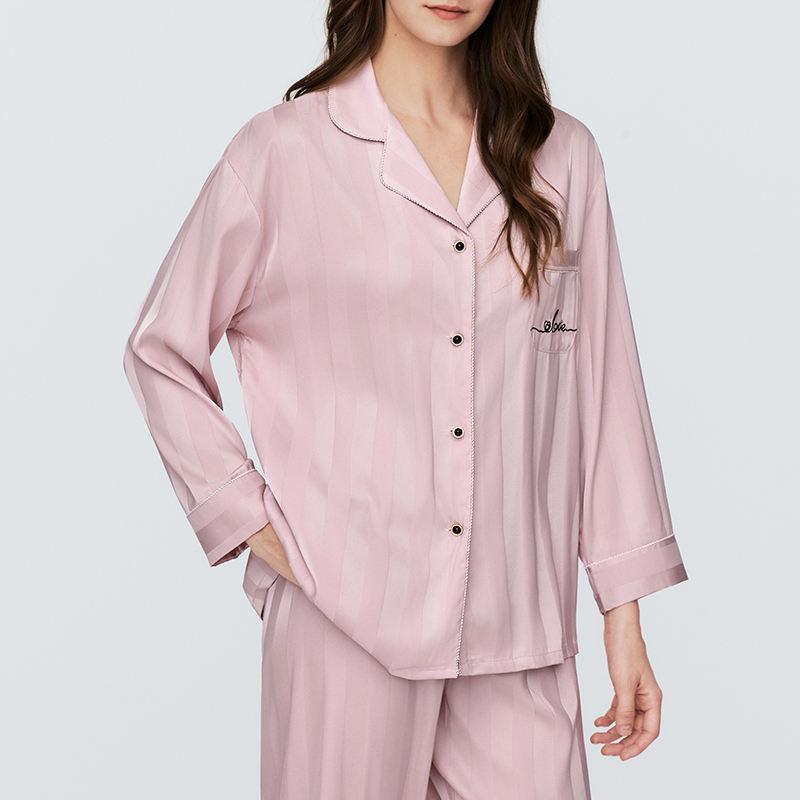 Luxury Low Minimum Order Customised Long Sleeve Striped Set Comfortable Silk Satin Pyjamas Women's Set