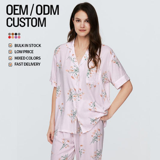 Odm Luxury Women's Loungewear Lapel Short Pajamas Printed Silk Women's Nightwear