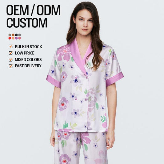 The New Trend Of Women's Sleep Silk Satin Printed Pajamas Set Loose Fit Pajamas Women's Home Clothing