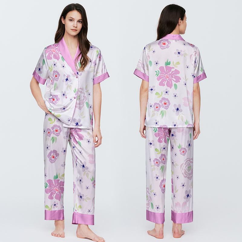 The New Trend Of Women's Sleep Silk Satin Printed Pajamas Set Loose Fit Pajamas Women's Home Clothing