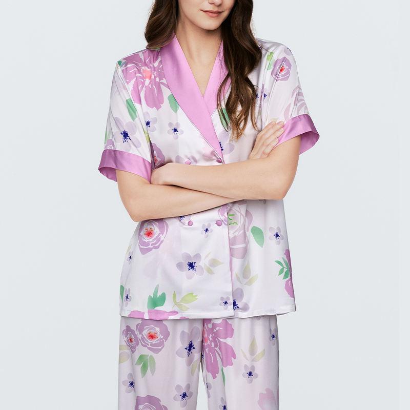 The New Trend Of Women's Sleep Silk Satin Printed Pajamas Set Loose Fit Pajamas Women's Home Clothing