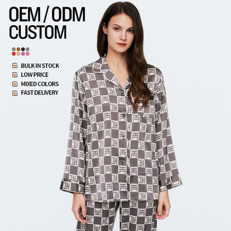 Simulation Silk Pajamas Women Summer New Plaid Long-Sleeved Senior Leisure Trousers Home Wear Suit