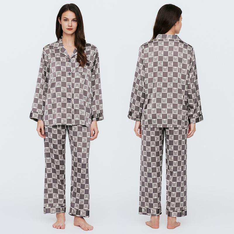 Simulation Silk Pajamas Women Summer New Plaid Long-Sleeved Senior Leisure Trousers Home Wear Suit