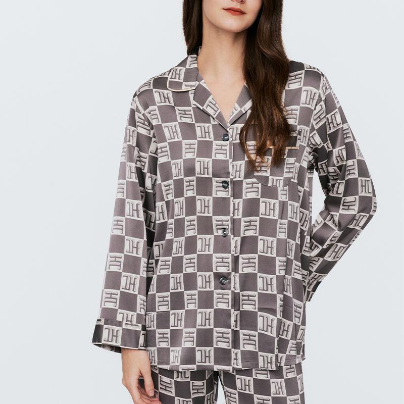 Simulation Silk Pajamas Women Summer New Plaid Long-Sleeved Senior Leisure Trousers Home Wear Suit