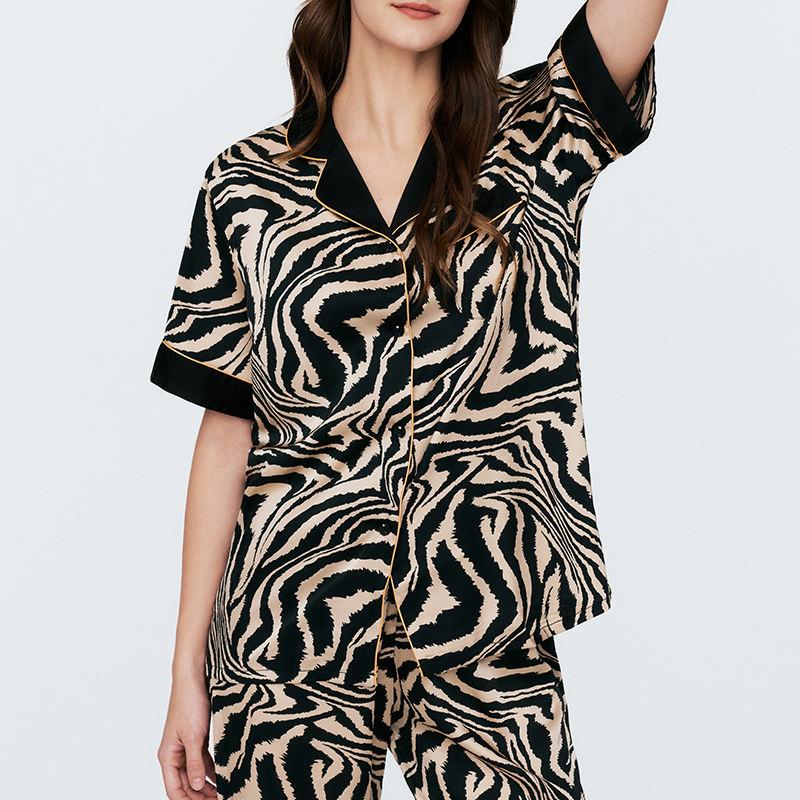 Premium Feeling Zebra Print Sexy Nightgown Women's Short Sleeve Thin Stripe Homewear