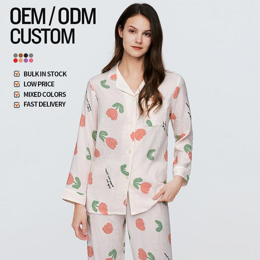 Wholesale Pajamas Women's Spring And Autumn Two-Piece Homewear Suit Cotton Long-Sleeved Large Size Cardigan Pajamas