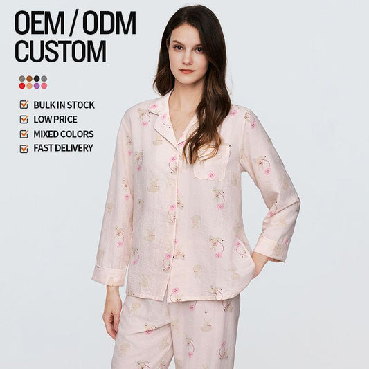 Sweet Cartoon Rabbit Print Pajamas Spring And Autumn Ladies Long-Sleeved Trousers Simulation Silk Home Clothing