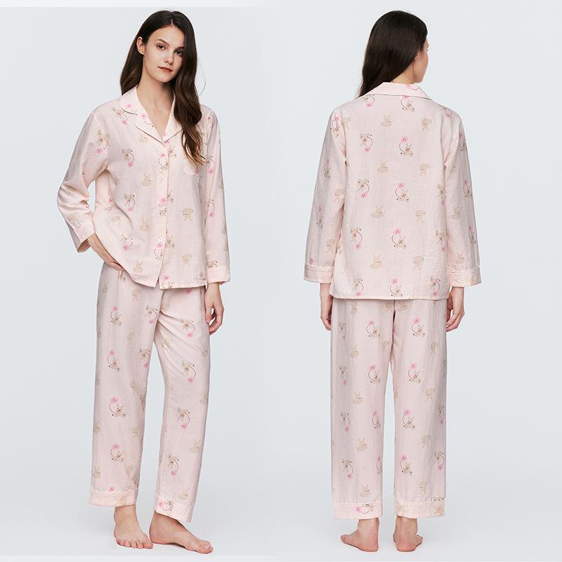 Sweet Cartoon Rabbit Print Pajamas Spring And Autumn Ladies Long-Sleeved Trousers Simulation Silk Home Clothing