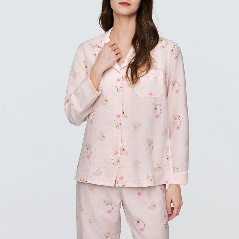 Sweet Cartoon Rabbit Print Pajamas Spring And Autumn Ladies Long-Sleeved Trousers Simulation Silk Home Clothing