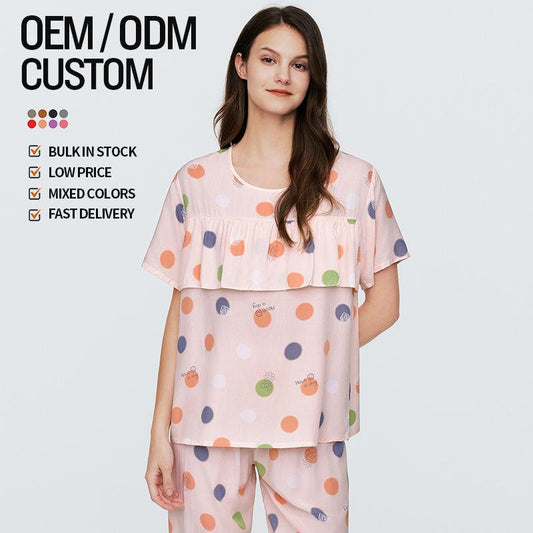 Wholesale Silk Ladies Spring Summer Custom Printed Pajama Set Silk Clothing Two Piece Comfortable Women's Pajamas