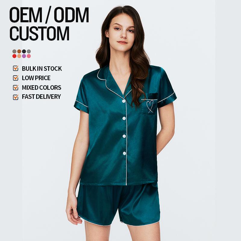 Best Selling Wholesale Luxury Satin Silk Pajama Set Short Sleeve Casual Homewear Ladies Nightwear